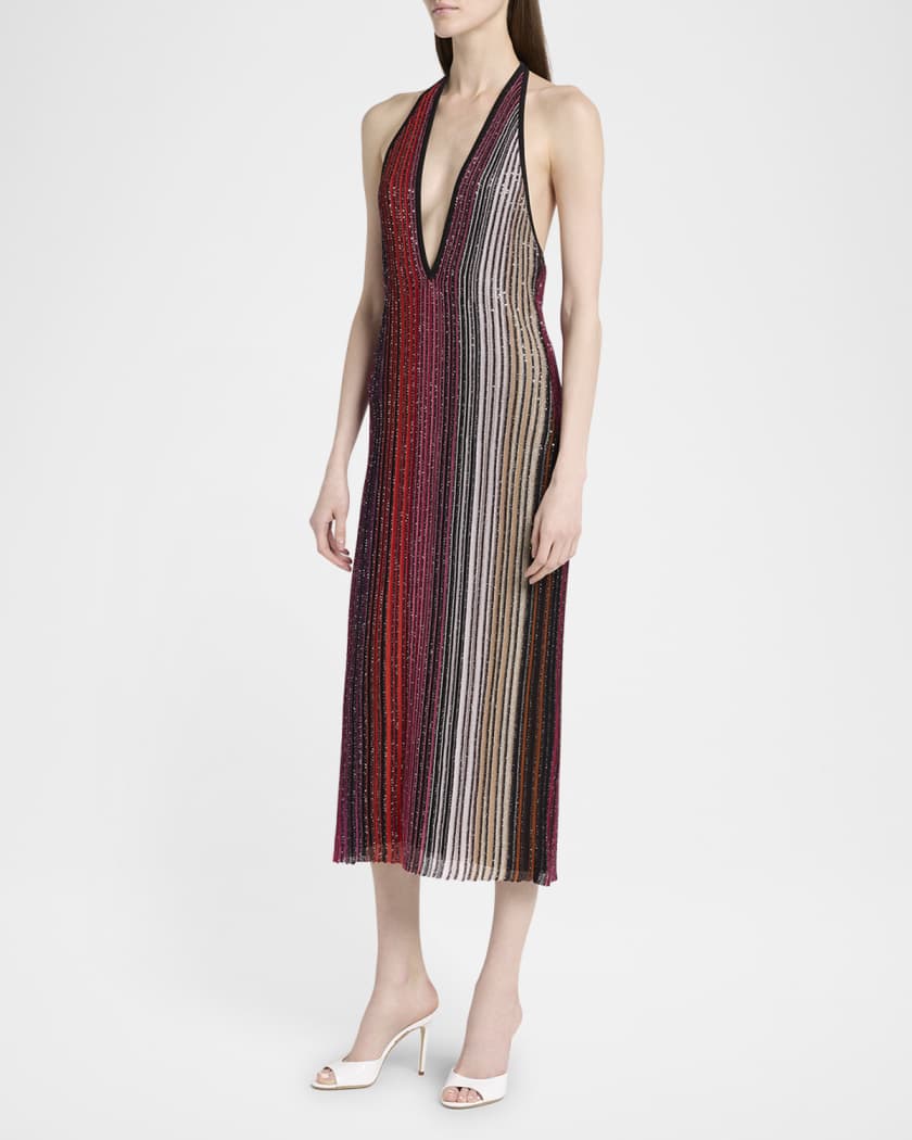 Paillette Striped Plunging Halter Midi Dress