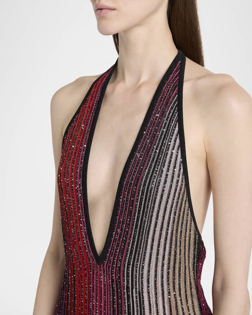 Paillette Striped Plunging Halter Midi Dress