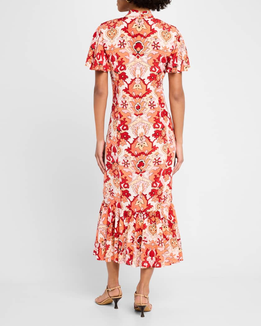 Peeta Ruched Damask Midi Dress