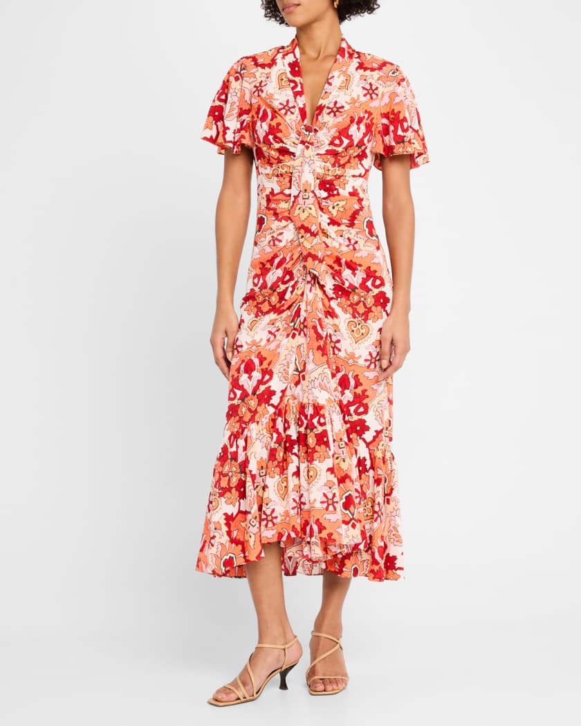 Peeta Ruched Damask Midi Dress