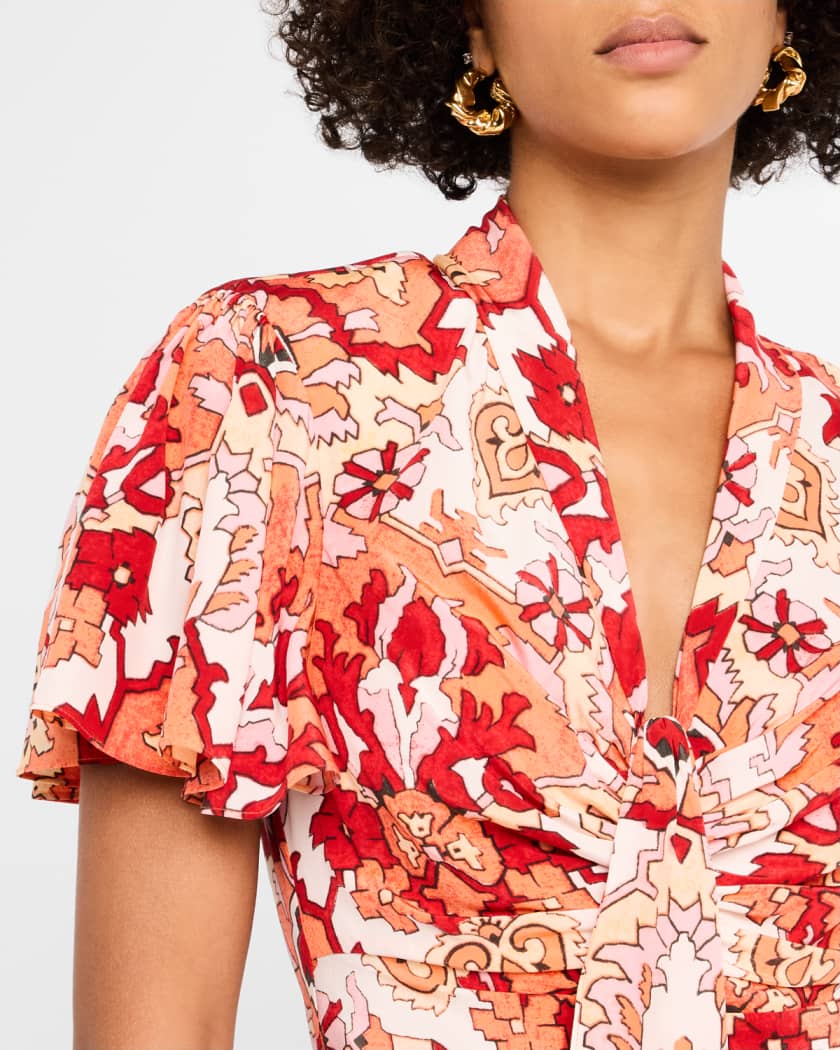 Peeta Ruched Damask Midi Dress