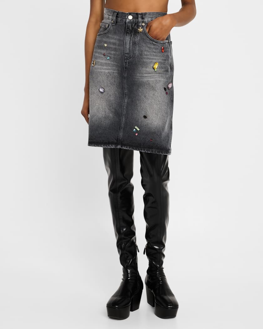 Charm Embellished Denim A-Line Skirt
