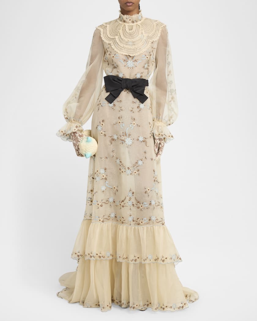 Ruffle Embroidered Bib Long-Sleeve Bow Gown