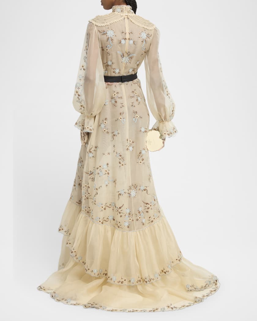 Ruffle Embroidered Bib Long-Sleeve Bow Gown