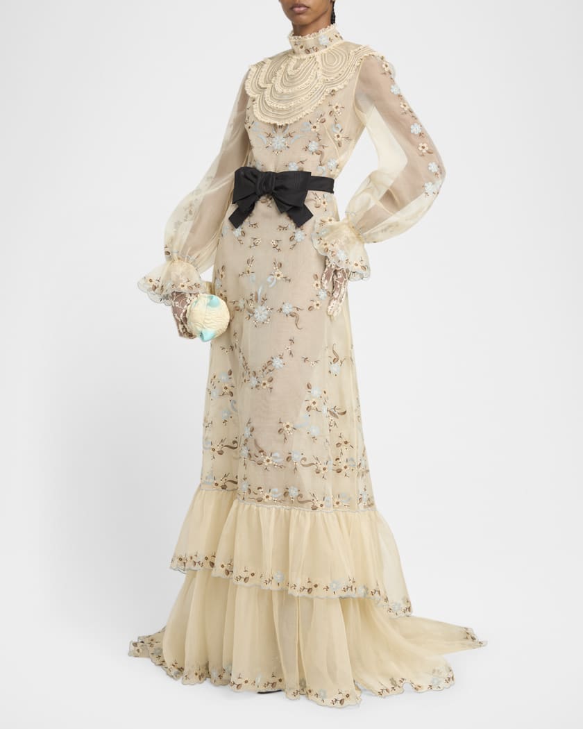 Ruffle Embroidered Bib Long-Sleeve Bow Gown