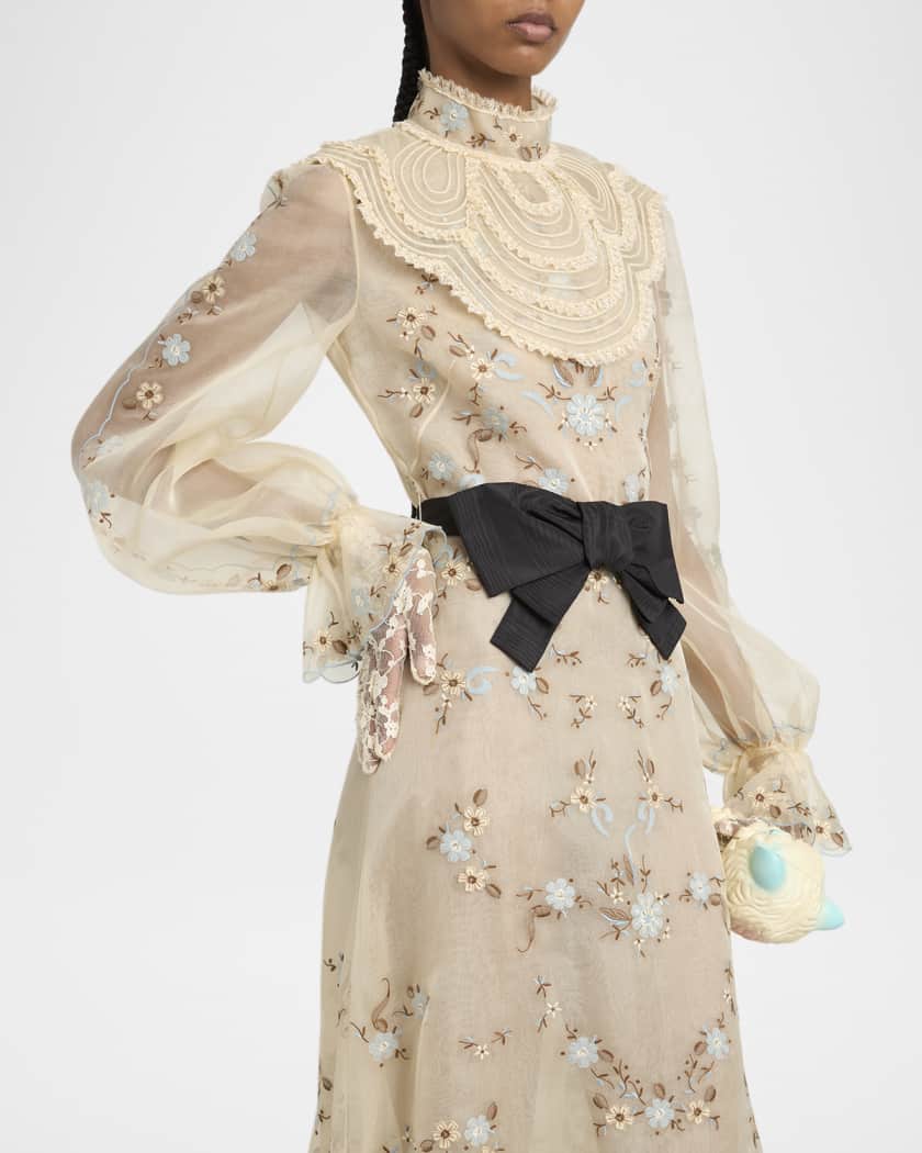 Ruffle Embroidered Bib Long-Sleeve Bow Gown