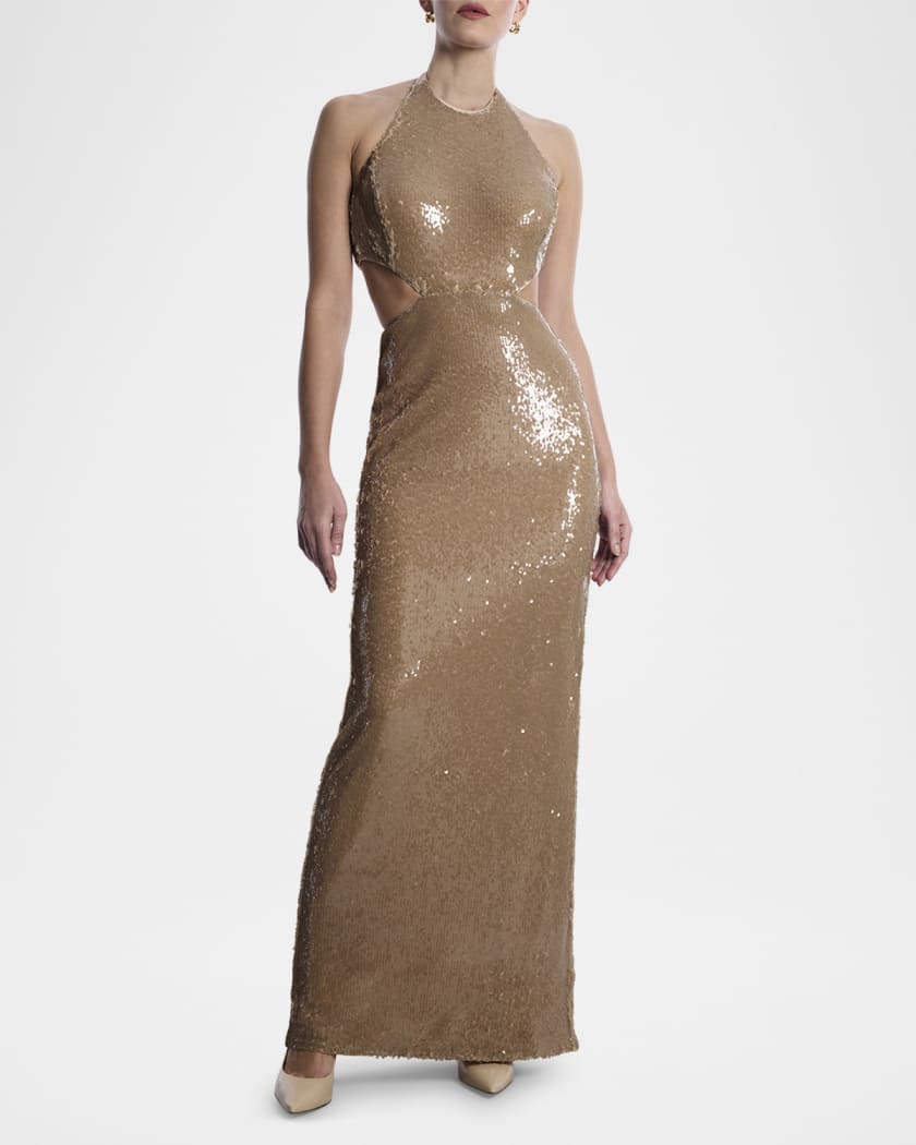 Cutout Sequin Halter Gown