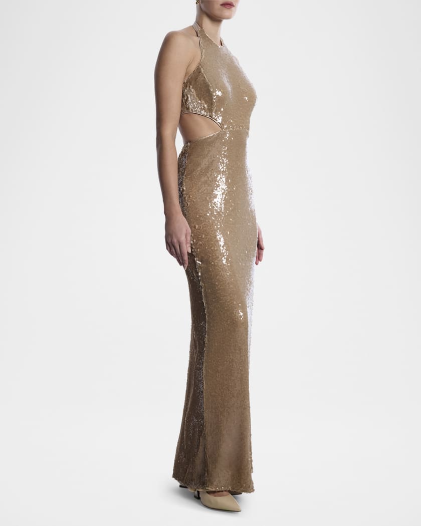 Cutout Sequin Halter Gown