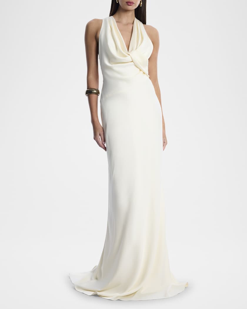 Twisted Cowl-Neck Halter Gown