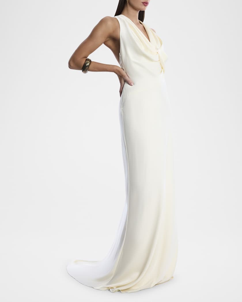 Twisted Cowl-Neck Halter Gown