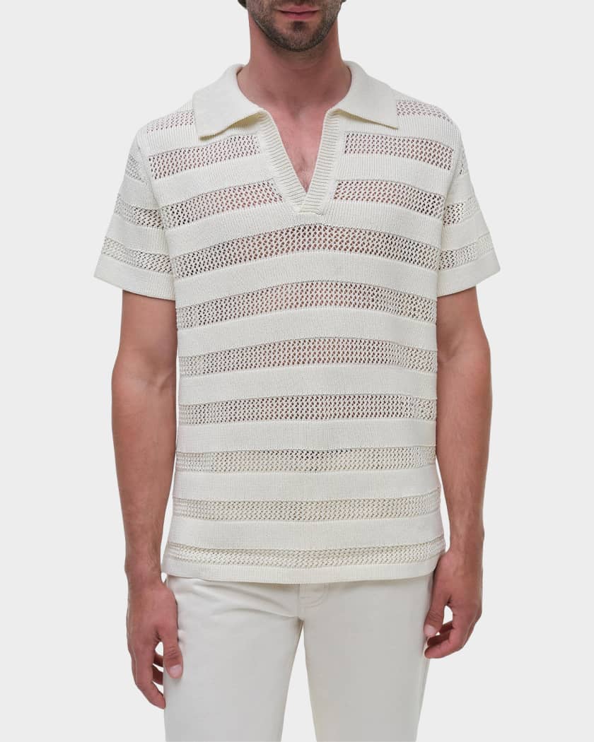 SIMKHAI Men's Crochet Stripe Johnny Collar Polo Shirt | Neiman Marcus