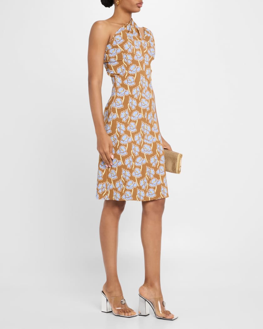 Floral Print One-Shoulder Backless Crepe Cocktail Dress
