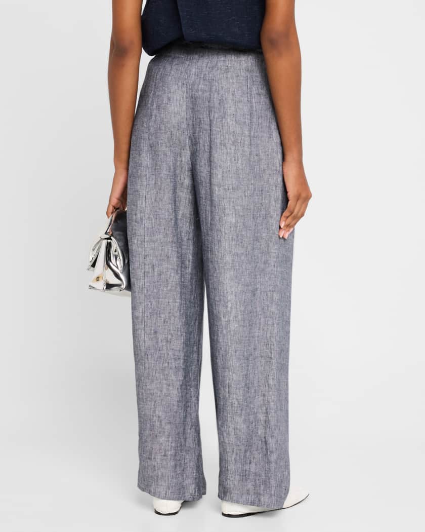 Emporio Armani Pleated Wide-Leg Linen Chambray Trousers | Neiman Marcus