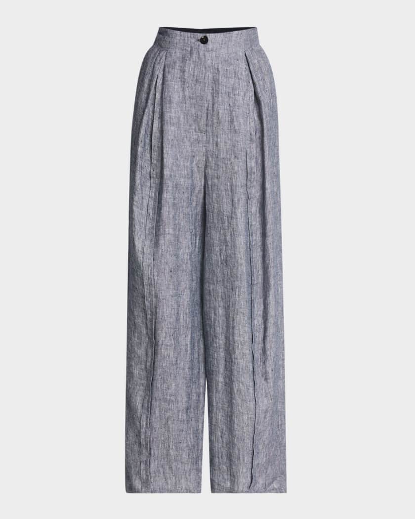 Emporio Armani Pleated Wide-Leg Linen Chambray Trousers | Neiman Marcus