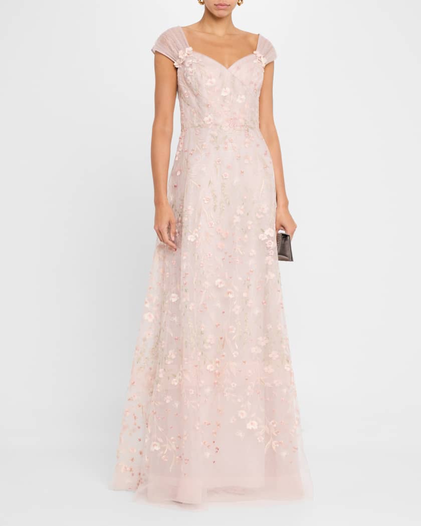 Floral-Embroidered Tulle Gown