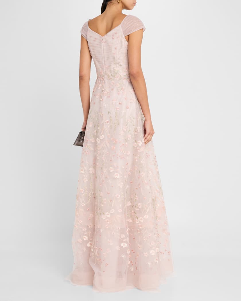 Floral-Embroidered Tulle Gown