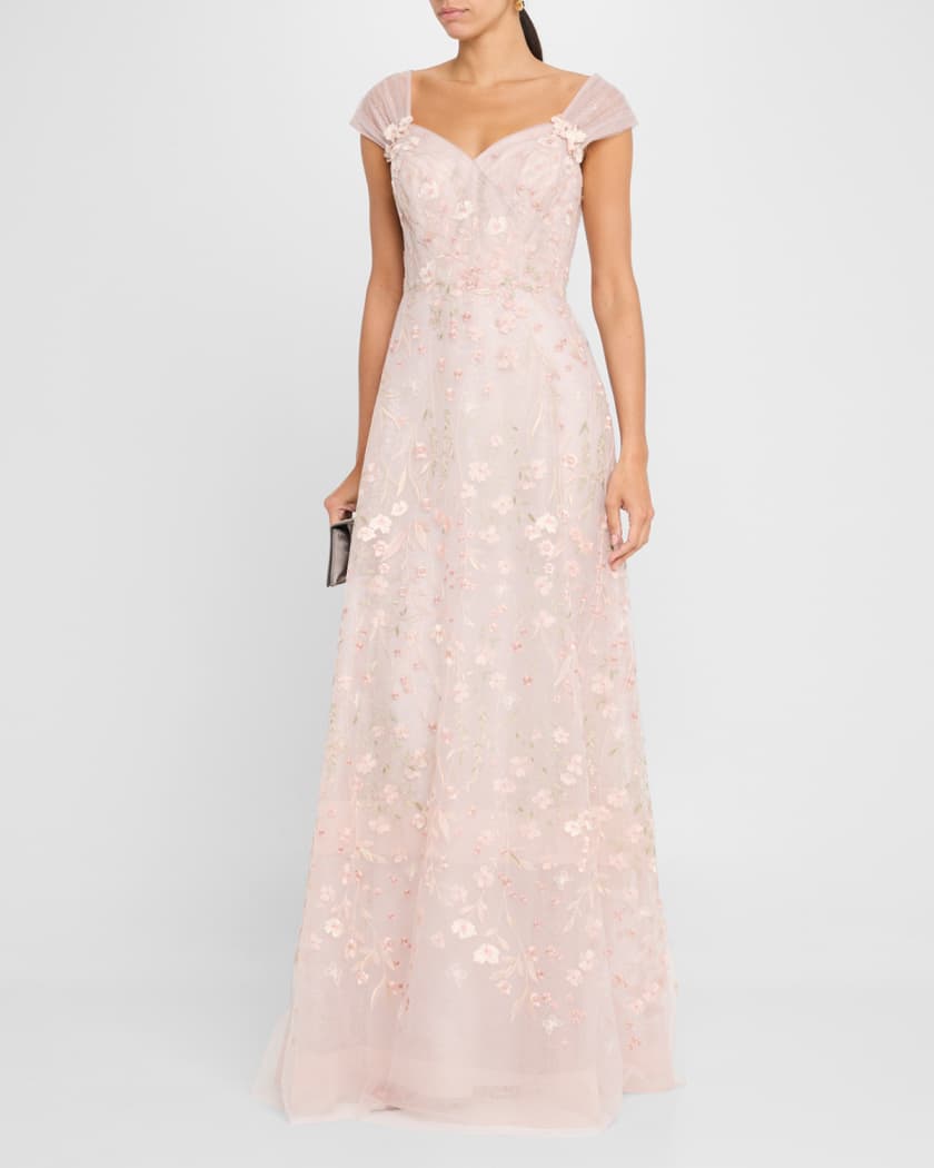 Floral-Embroidered Tulle Gown