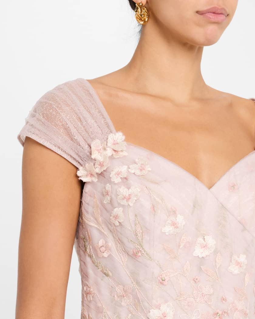 Floral-Embroidered Tulle Gown