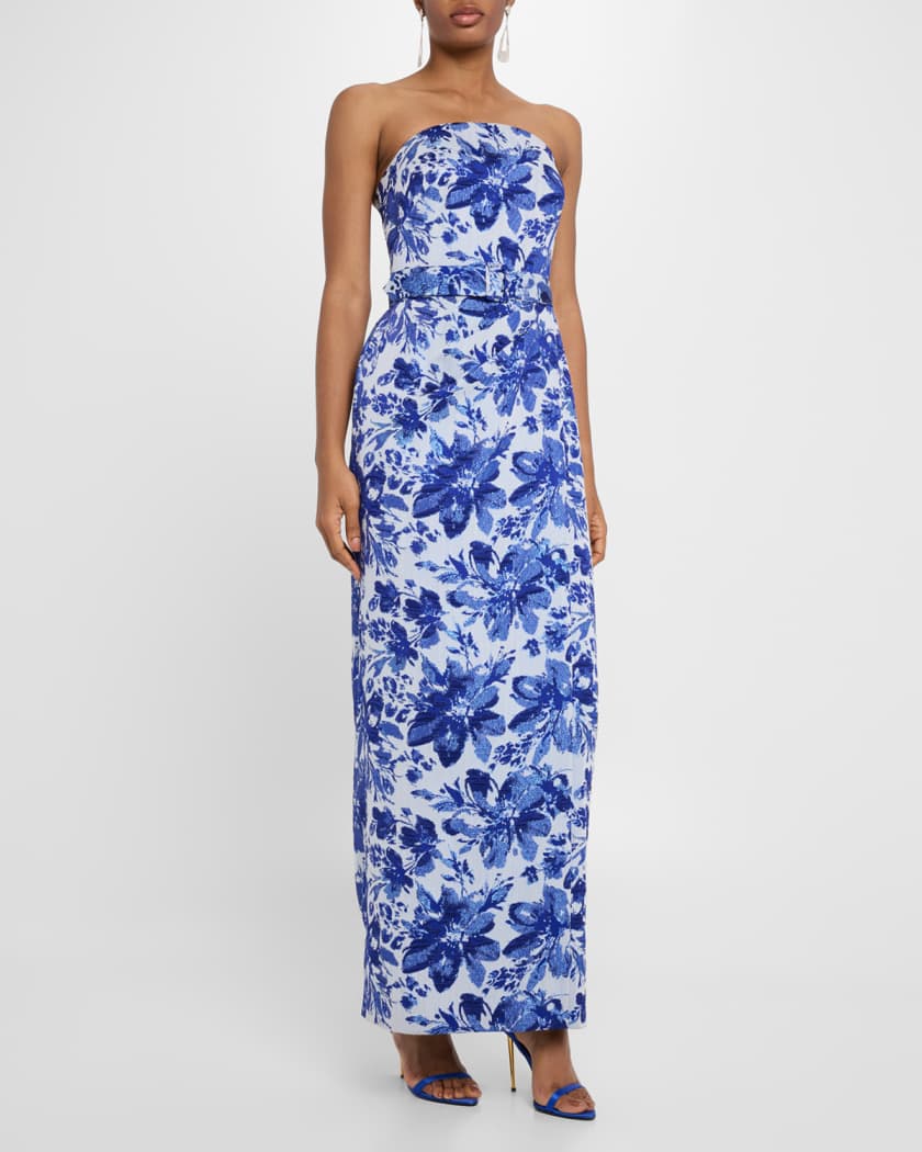 Strapless Metallic Floral Jacquard Column Gown