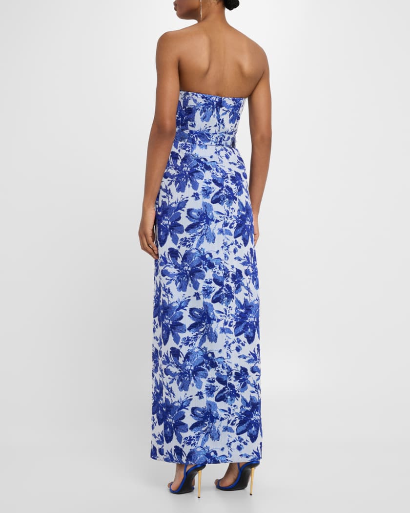 Strapless Metallic Floral Jacquard Column Gown