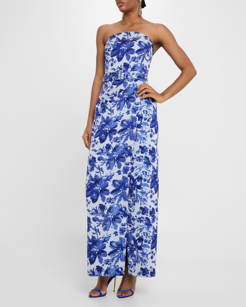 Strapless Metallic Floral Jacquard Column Gown