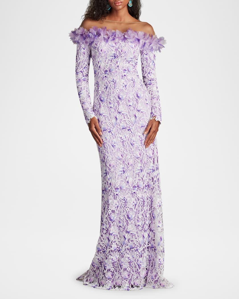 Tadashi Shoji Off-Shoulder Illusion Floral Lace Gown