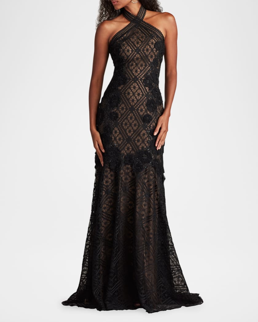 Beaded Floral Applique Lace Halter Gown