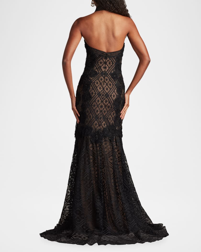 Beaded Floral Applique Lace Halter Gown