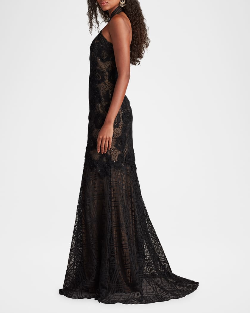 Beaded Floral Applique Lace Halter Gown