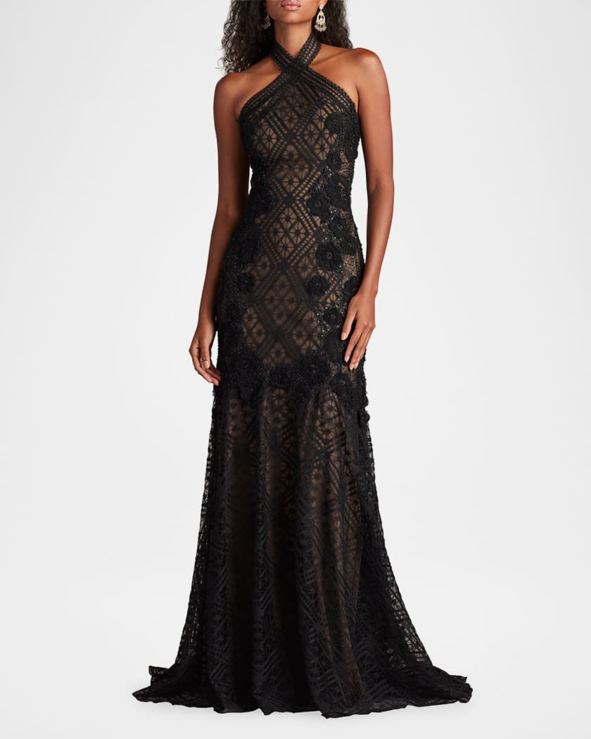 Beaded Floral Applique Lace Halter Gown