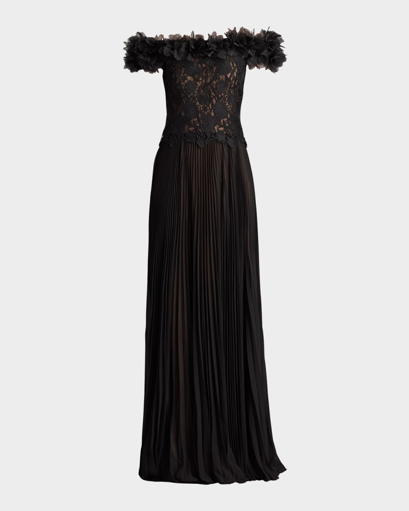 Tadashi Shoji Off-Shoulder Pleated Chiffon & Lace Gown | Neiman Marcus