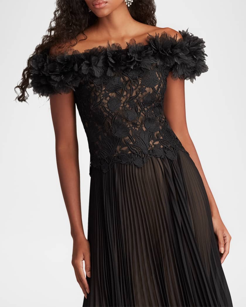 Tadashi Shoji Off-Shoulder Pleated Chiffon & Lace Gown | Neiman Marcus