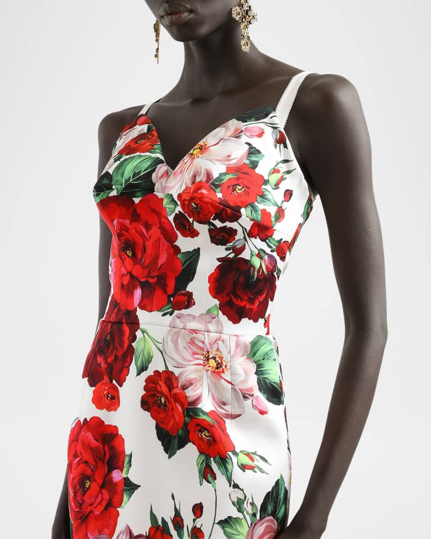 Strapless Rose Bouquet Satin Midi Dress 