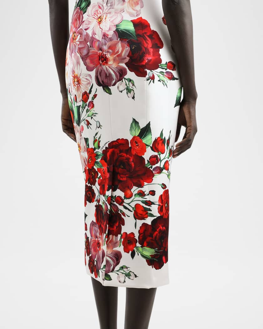 Strapless Rose Bouquet Satin Midi Dress 