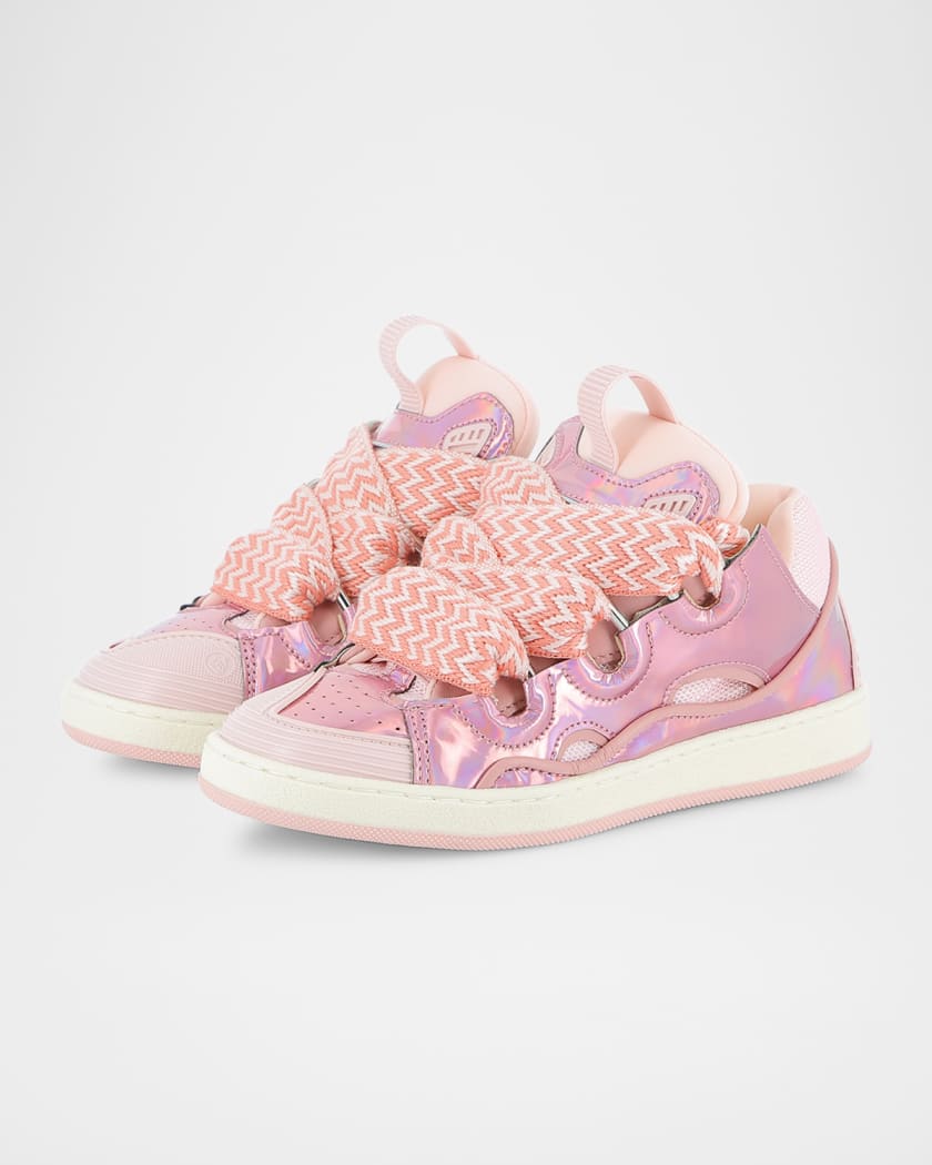 Girl's Curb Leather and Textile Chunky Low-Top Sneakers, Kids