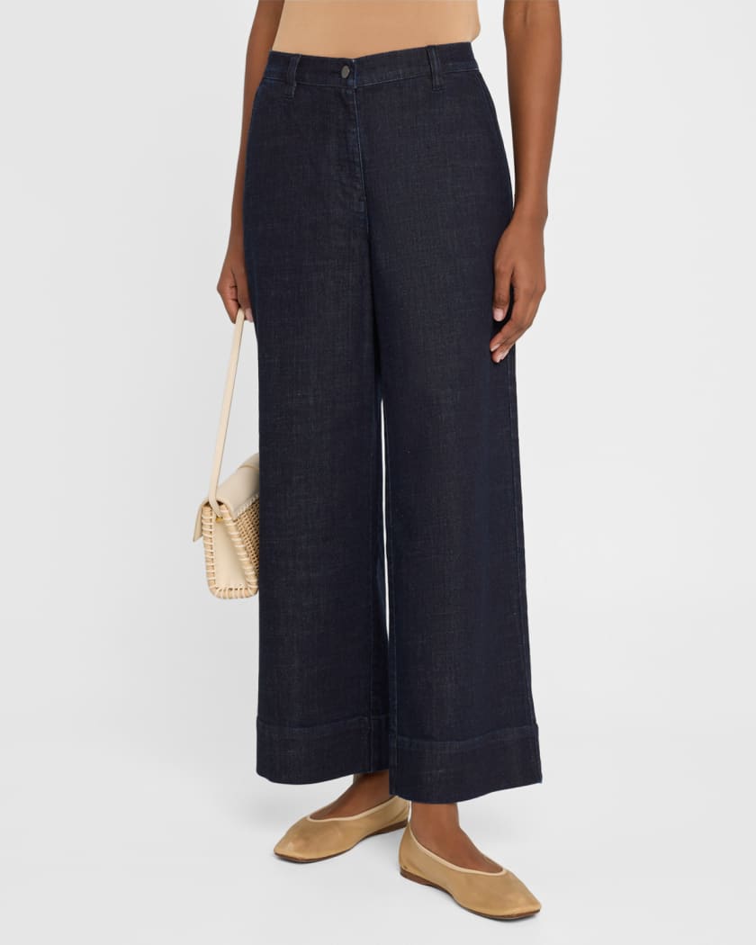 Cropped Wide-Leg Stretch Denim Pants
