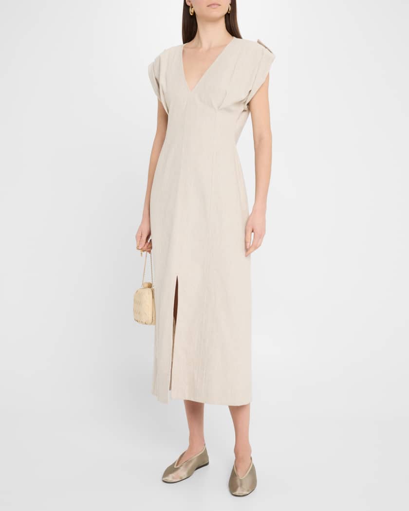 Cap-Sleeve Flax Linen Maxi Dress