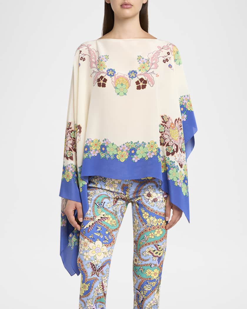 Asymmetric Floral Silk Poncho