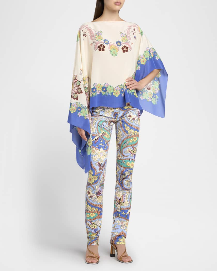 Asymmetric Floral Silk Poncho