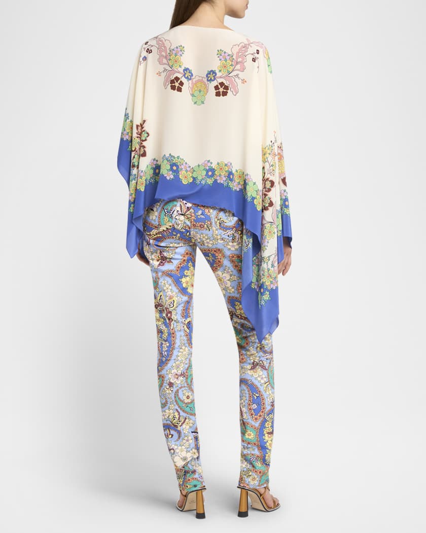 Asymmetric Floral Silk Poncho