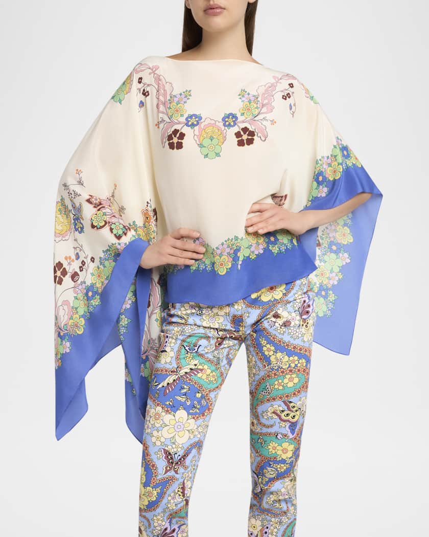 Asymmetric Floral Silk Poncho