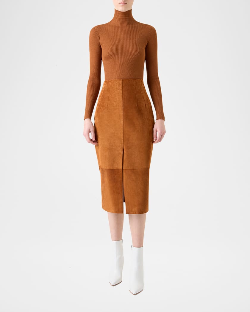 Lamb Suede Slit Midi Pencil Skirt