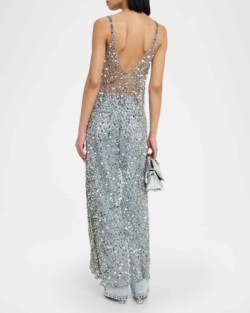 V-Neck Sequined Net Mesh Long Cami