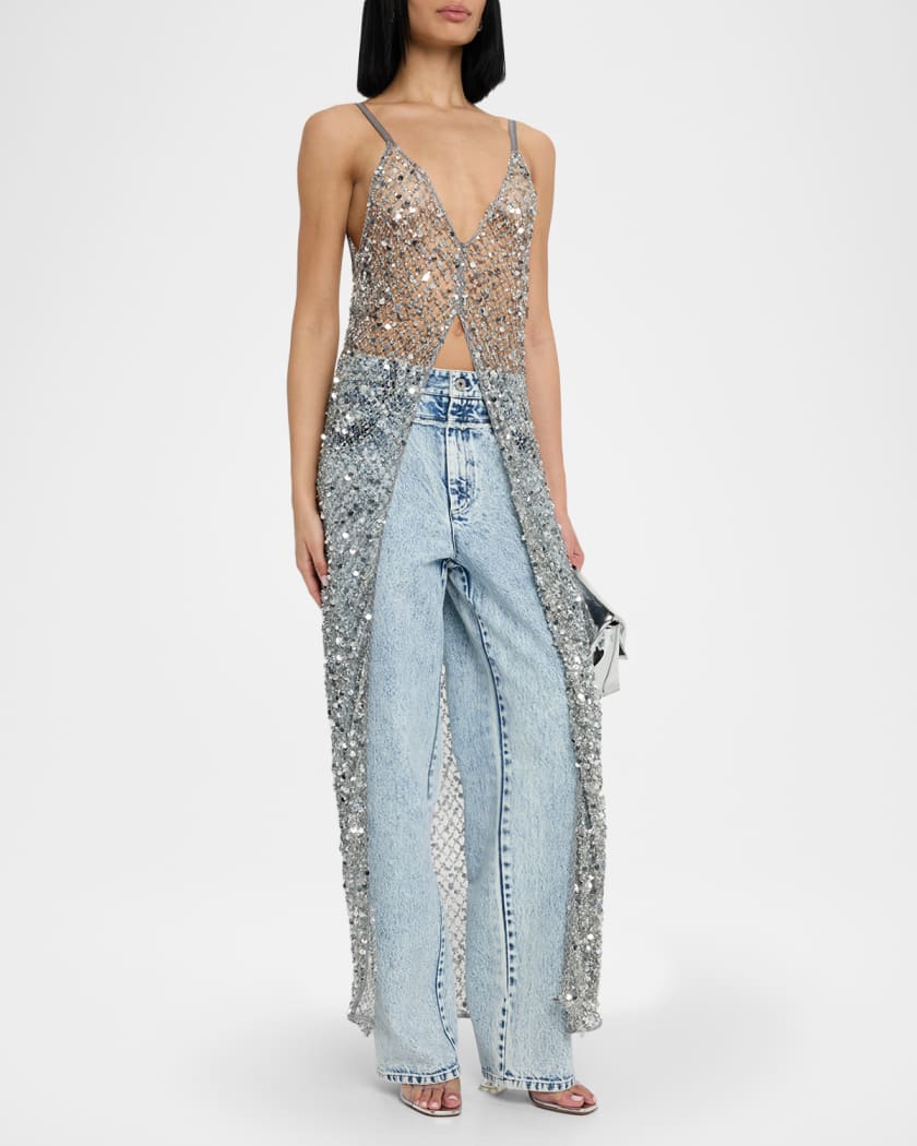 V-Neck Sequined Net Mesh Long Cami