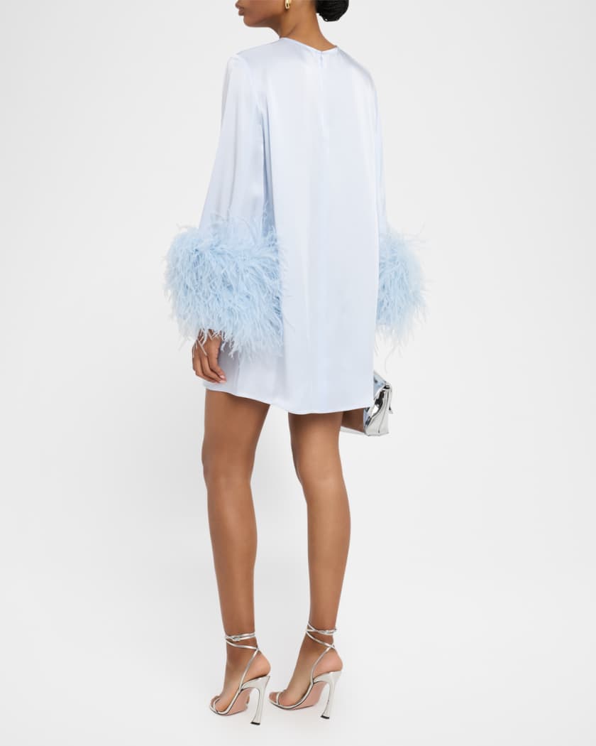 Feather-Trim Long-Sleeve Satin Mini Shift Dress