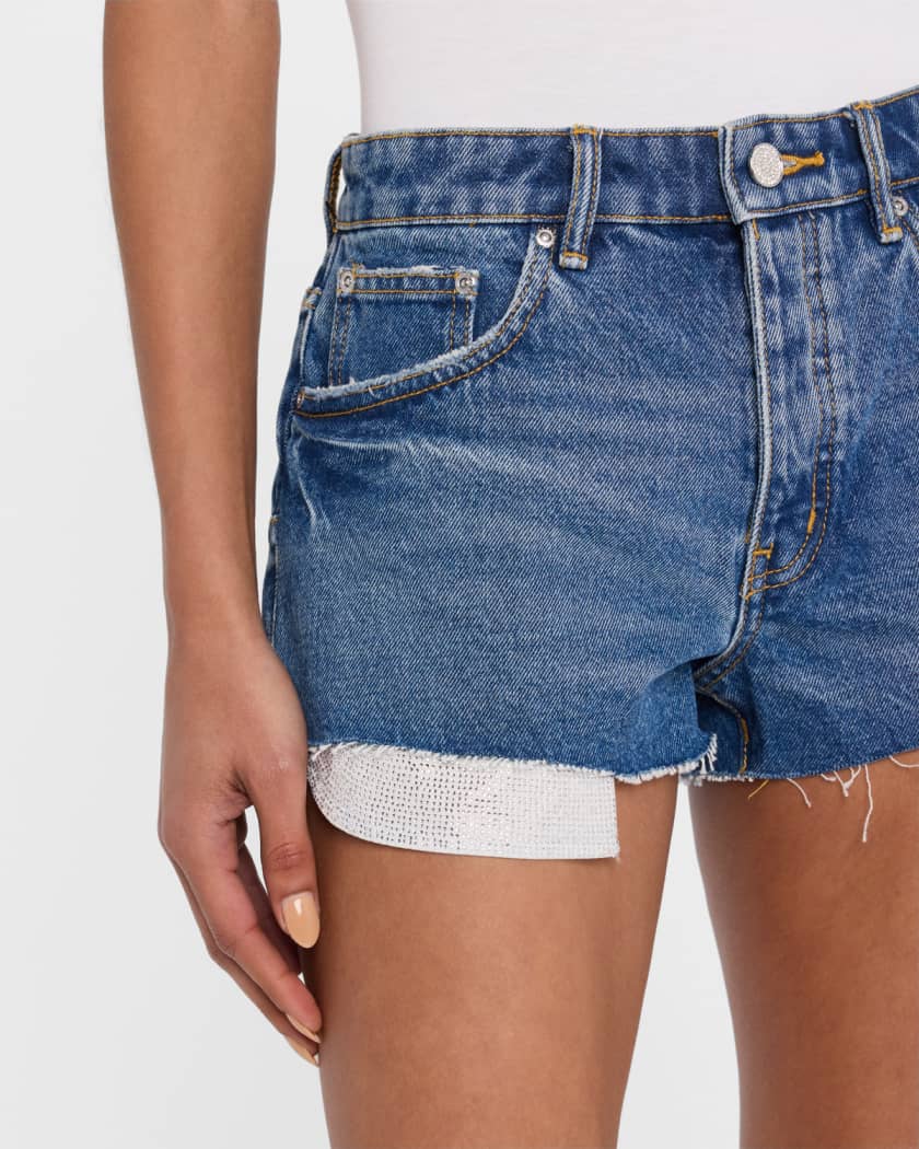 Cut-Off Denim Shorts with Rhinestone Pockets