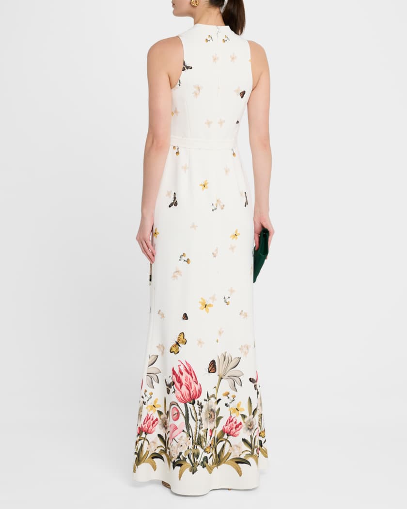 Floral & Butterfly-Print Crepe Gown