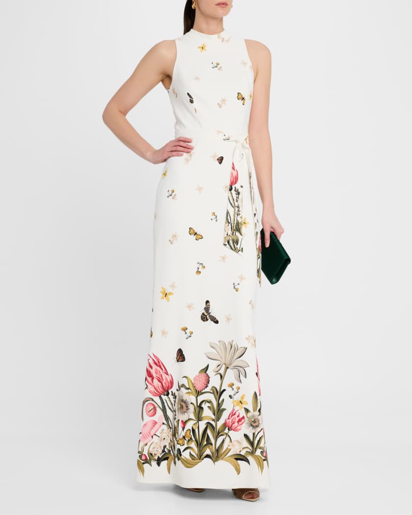 Floral & Butterfly-Print Crepe Gown
