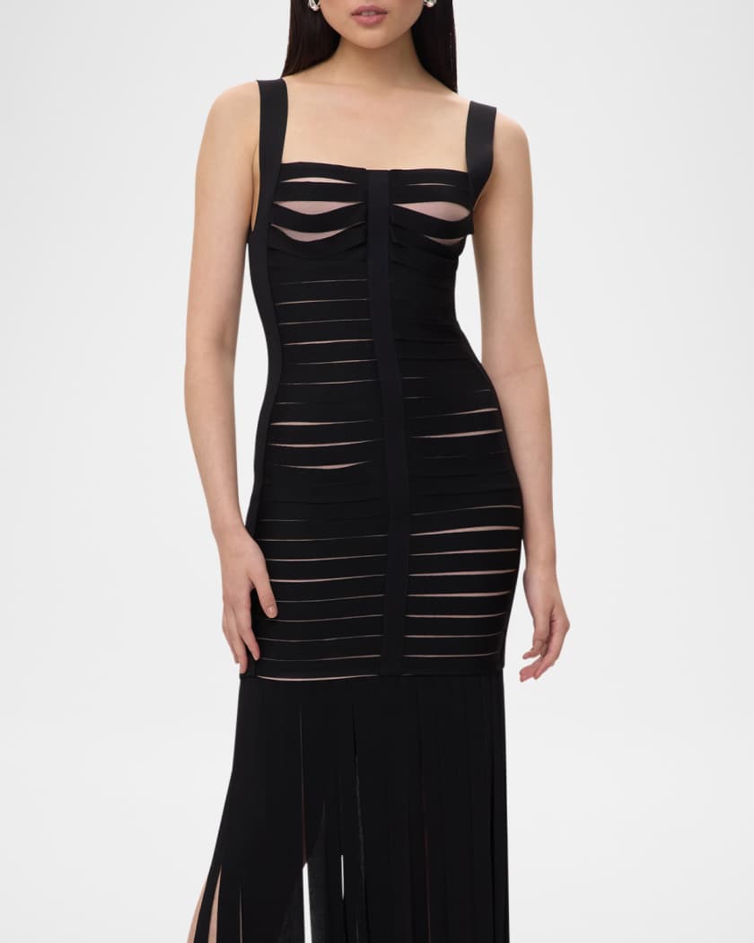 Alessandra Slash-Cutout Bandage Fringe Gown