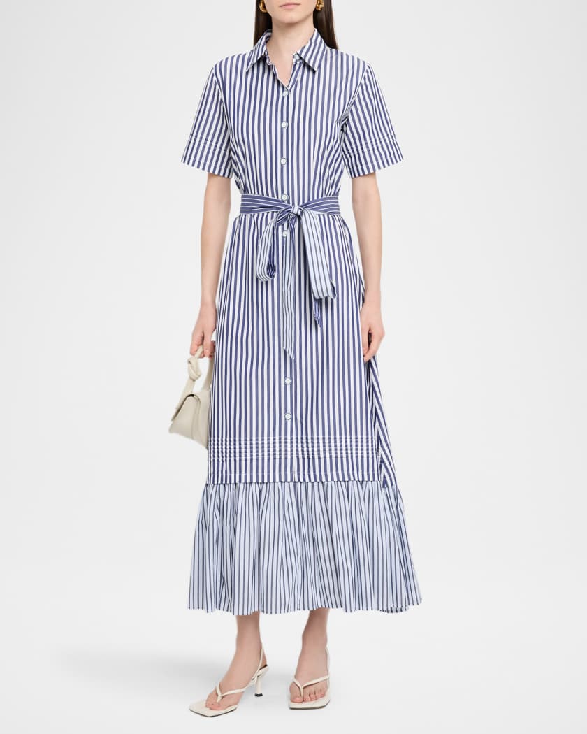 Melanie Flounce Striped Cotton Midi Shirtdress